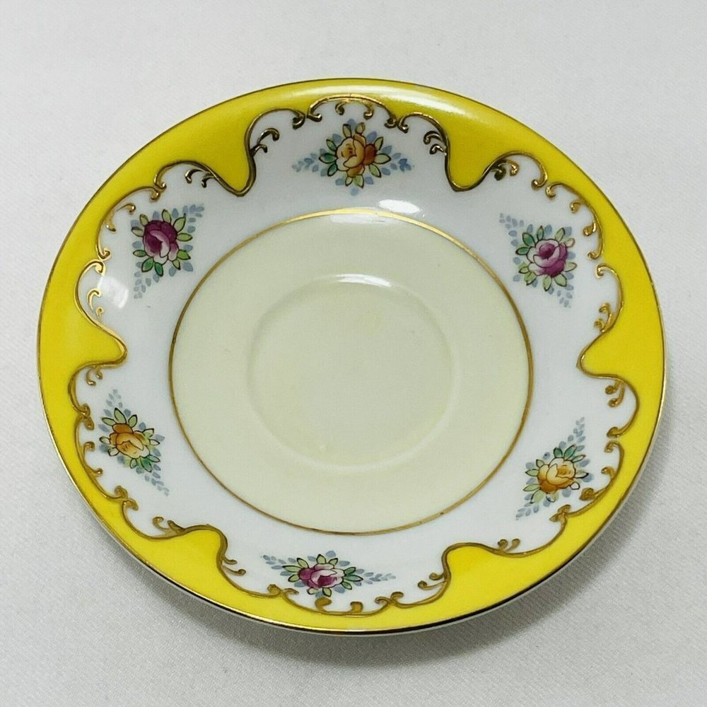 Vintage Signed Mk Japan Saucer Trinket Dish Handpaint Yellow Flower Gold Spring